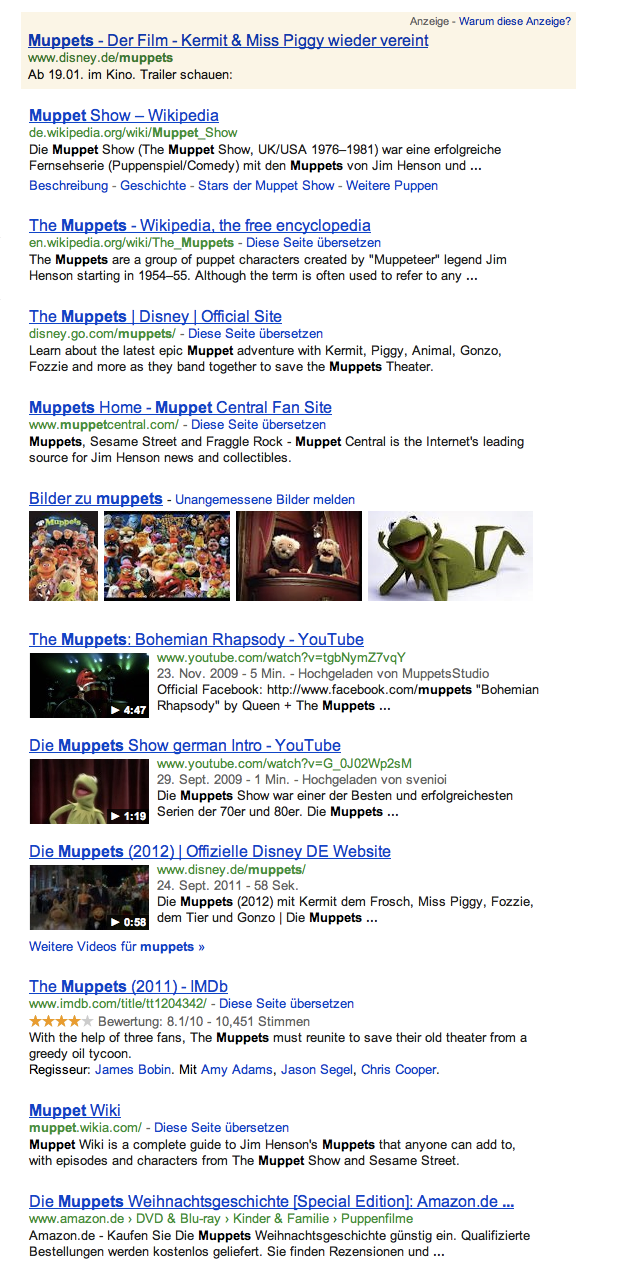 SERPs for "muppets" in google.de