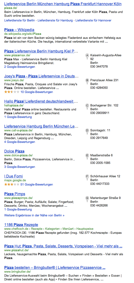 SERPs for "pizza" on google.de